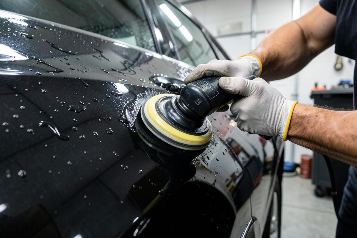 Detailer machine-polishing the glossy panel of a dark car