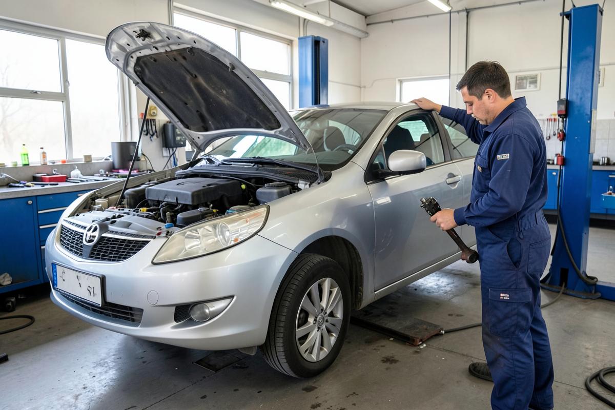 Mechanic servicing a silver hatchback with the bonnet raised in a workshop