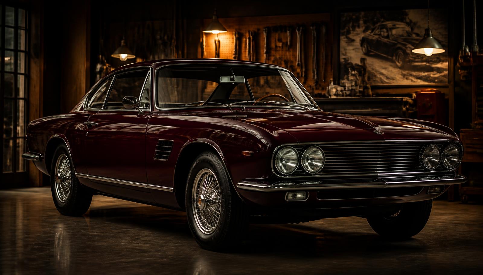 Burgundy classic coupe parked inside a warmly lit workshop