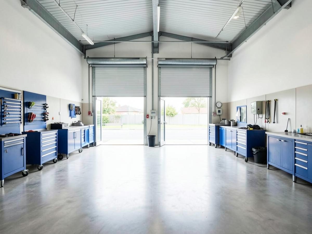 Clean workshop interior with tool trolleys and two open service bays
